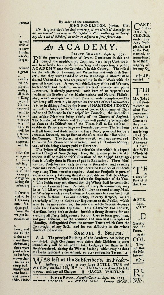 a photo of a historic document advertising Hampden-Sydney academy from 1770s