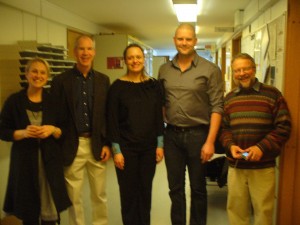New PhD Malene Juul Simon, center, with her graduate thesis committee (l-r), Professors Angela Fago, Alex Werth, Peter Teglberg Madsen, and Bernd Wursig
