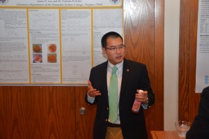 James Lau '17 presenting research conducted in the Chemistry Department on novel Schiff-base ligands.