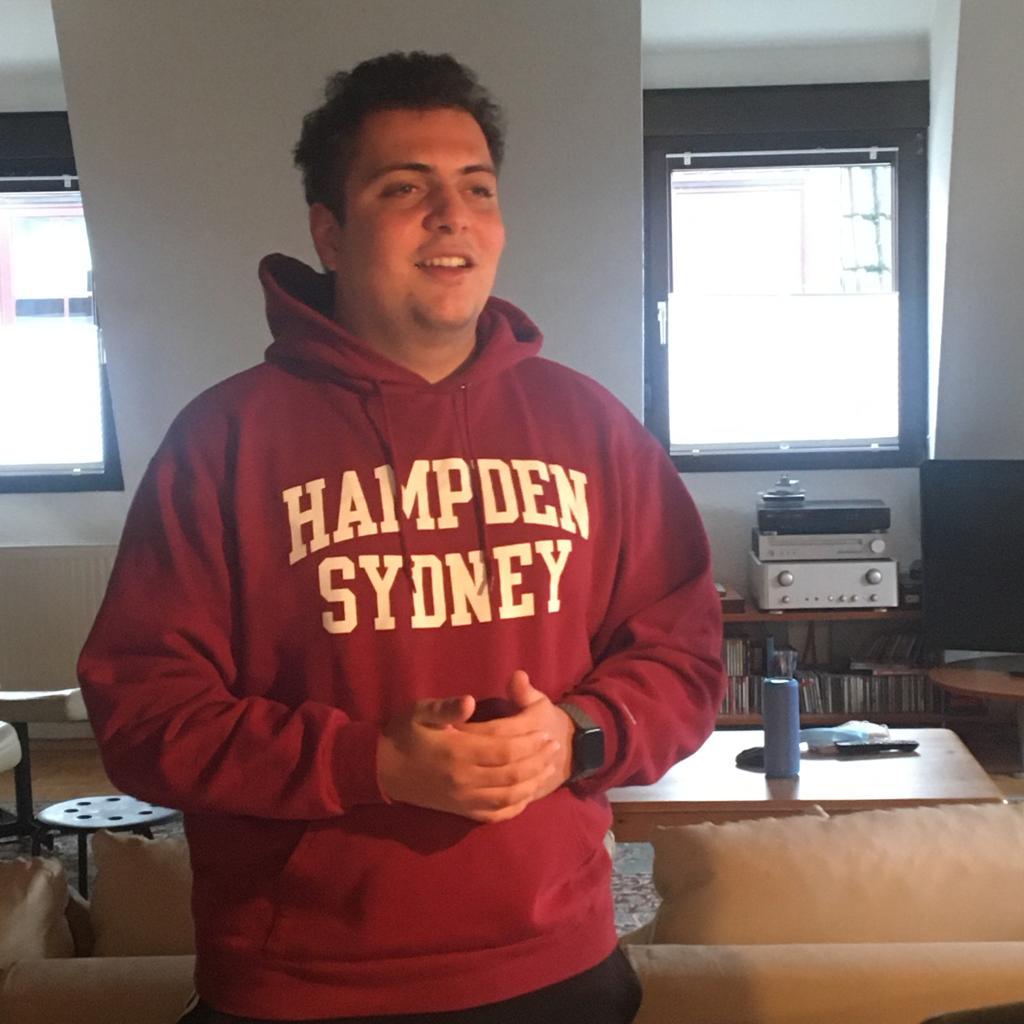Alex Zorko '22 in a Hampden-Sydney sweatshirt